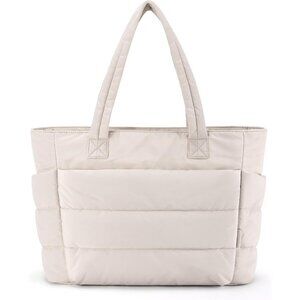 Women Beige Lightweight Puffy Tote Bag for Travel Beach Gym With Multi-pocket